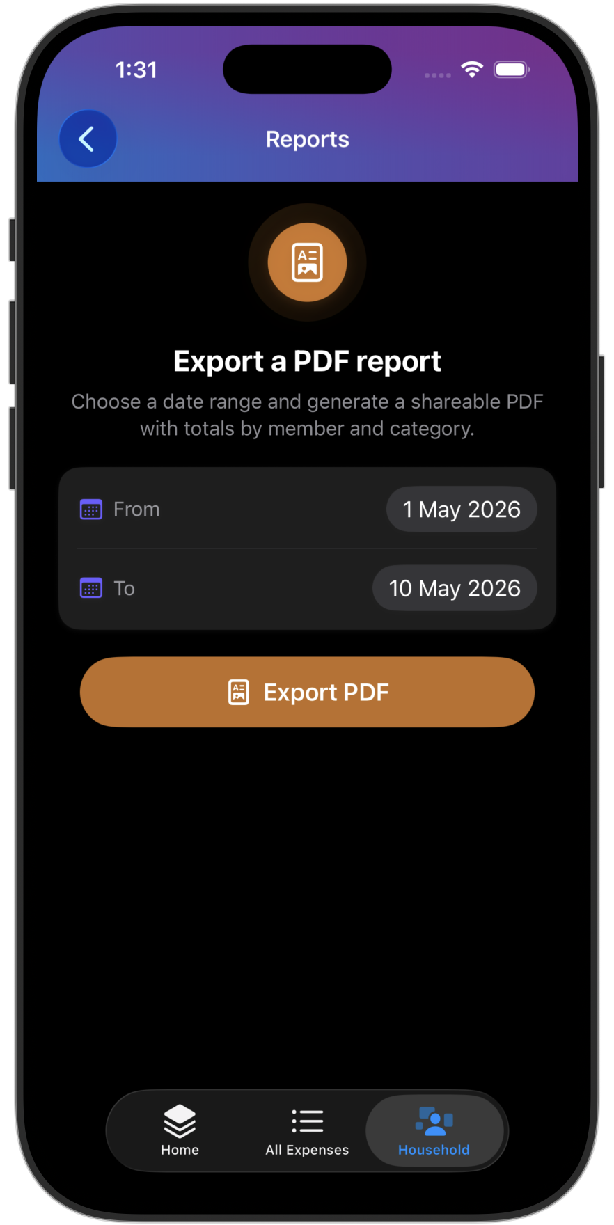 Exportiere ein sauberes PDF für jeden Zeitraum.